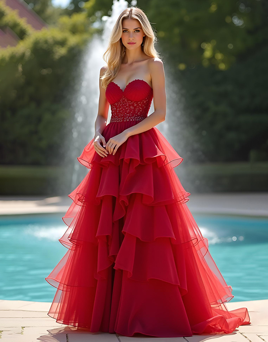 Sparkly Sweetheart Red A Line Tiered Long Prom Dress with Beading