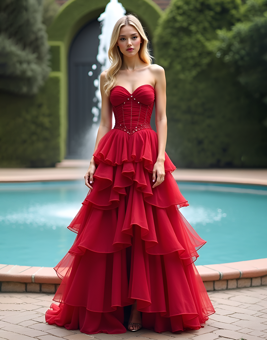 Sparkly Red A Line Tiered Long Tulle Prom Dress