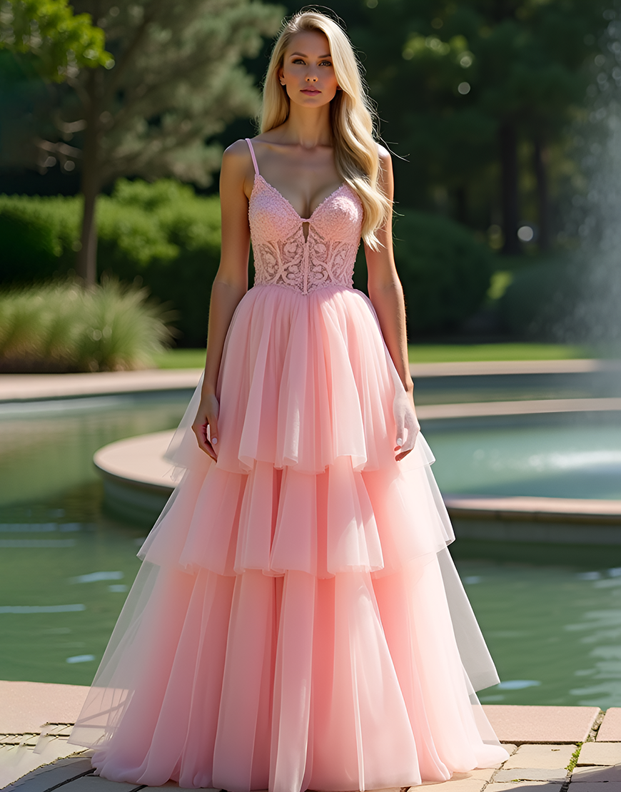 Pink V-Neck A Line Tiered Long Prom Dress with Lace Appliques