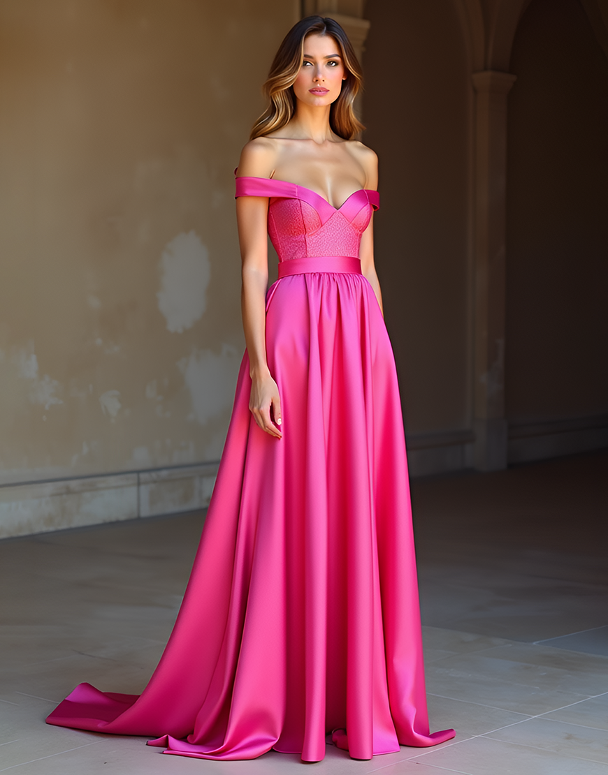 Fuchsia A Line Off the Shoulder Long Satin Prom Dress