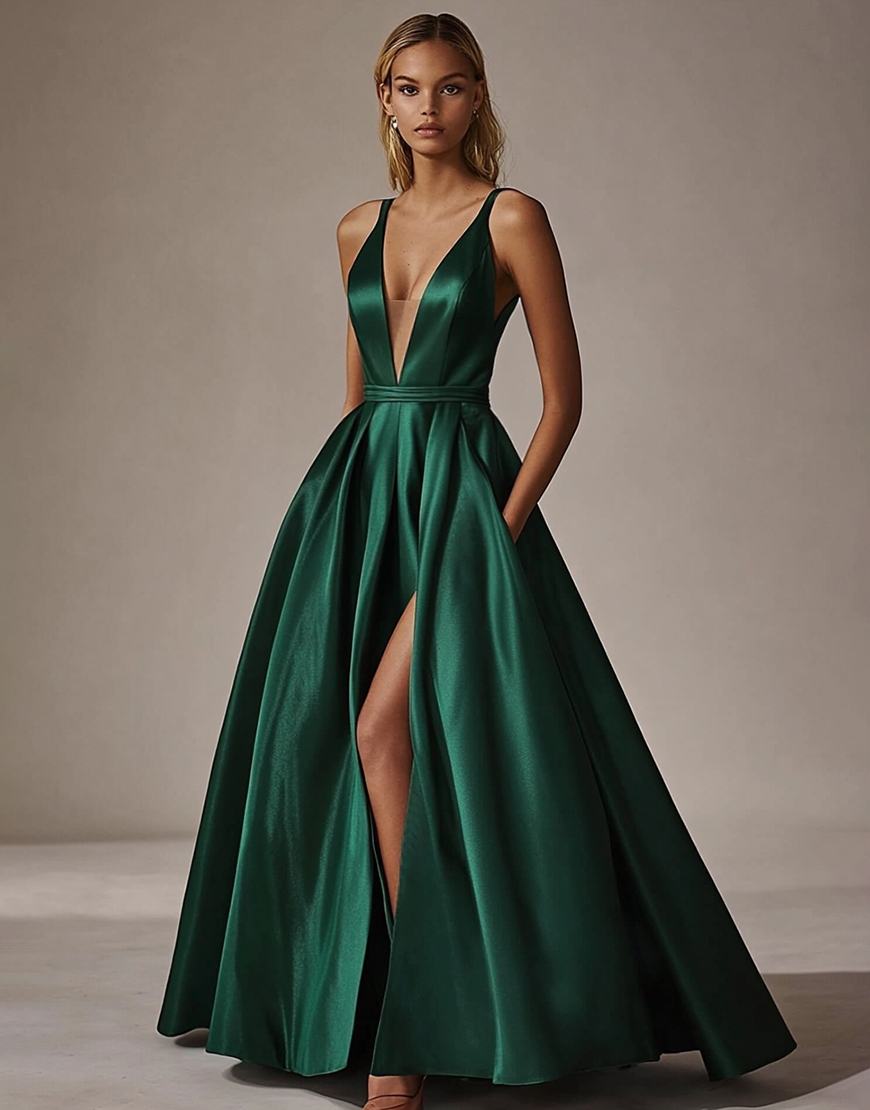 Dark Green V-Neck A Line Long Satin Prom Dress with Slit