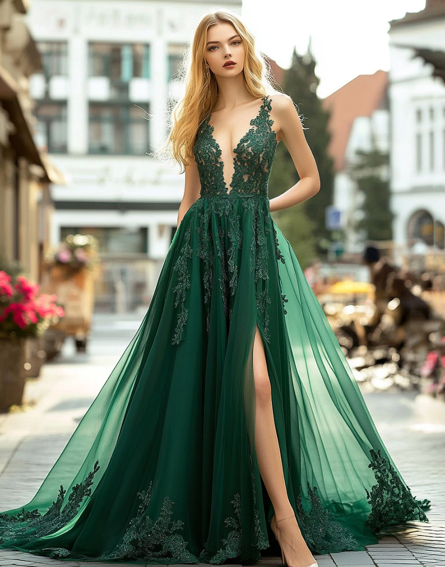 Dark Green V-Neck A Line Long Lace Prom Dress with Appliques
