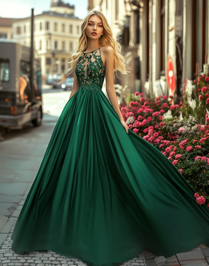 Dark Green Halter A Line Long Satin Prom Dress with Lace Appliques
