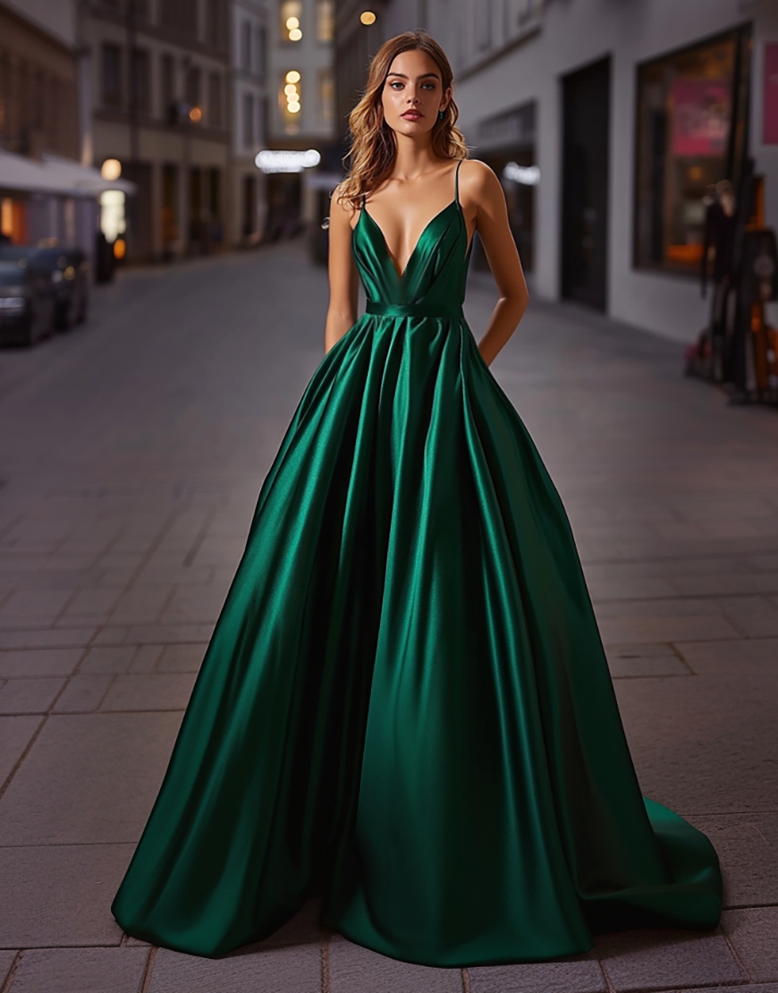 Dark Green V-Neck A Line Long Satin Prom Dress