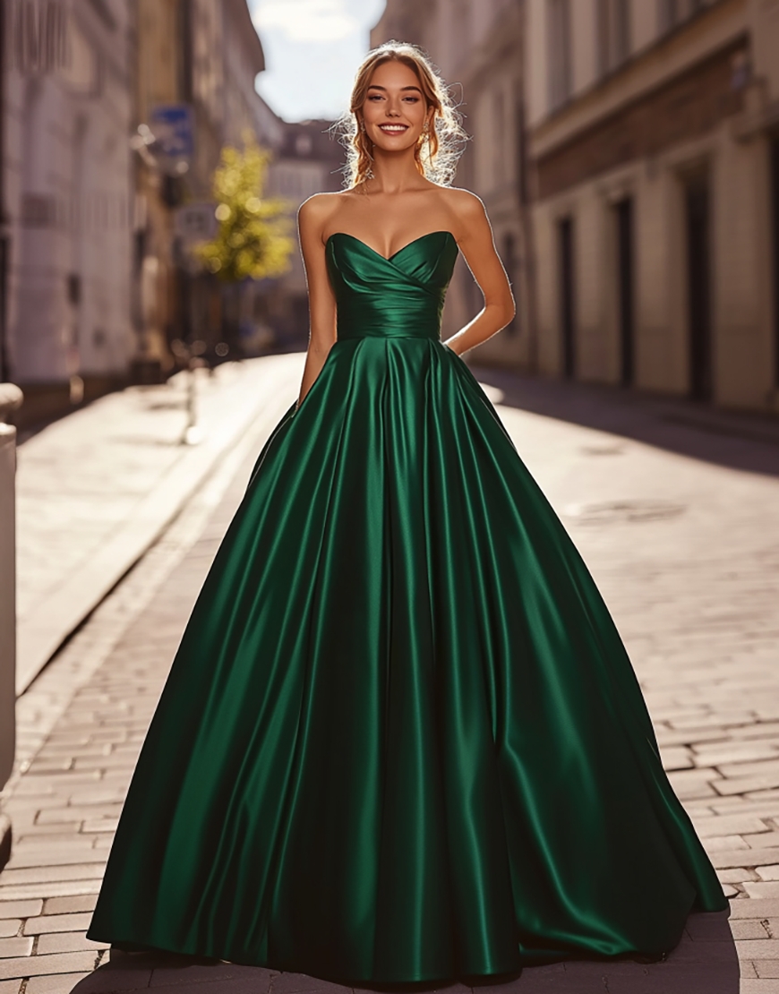 Dark Green Sweetheart A Line Ruched Satin Prom Dress