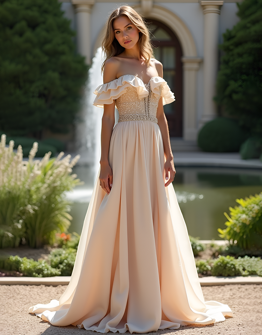 Sparkly Champagne Off The Shoulder Long Chiffon Bridesmaid Dress