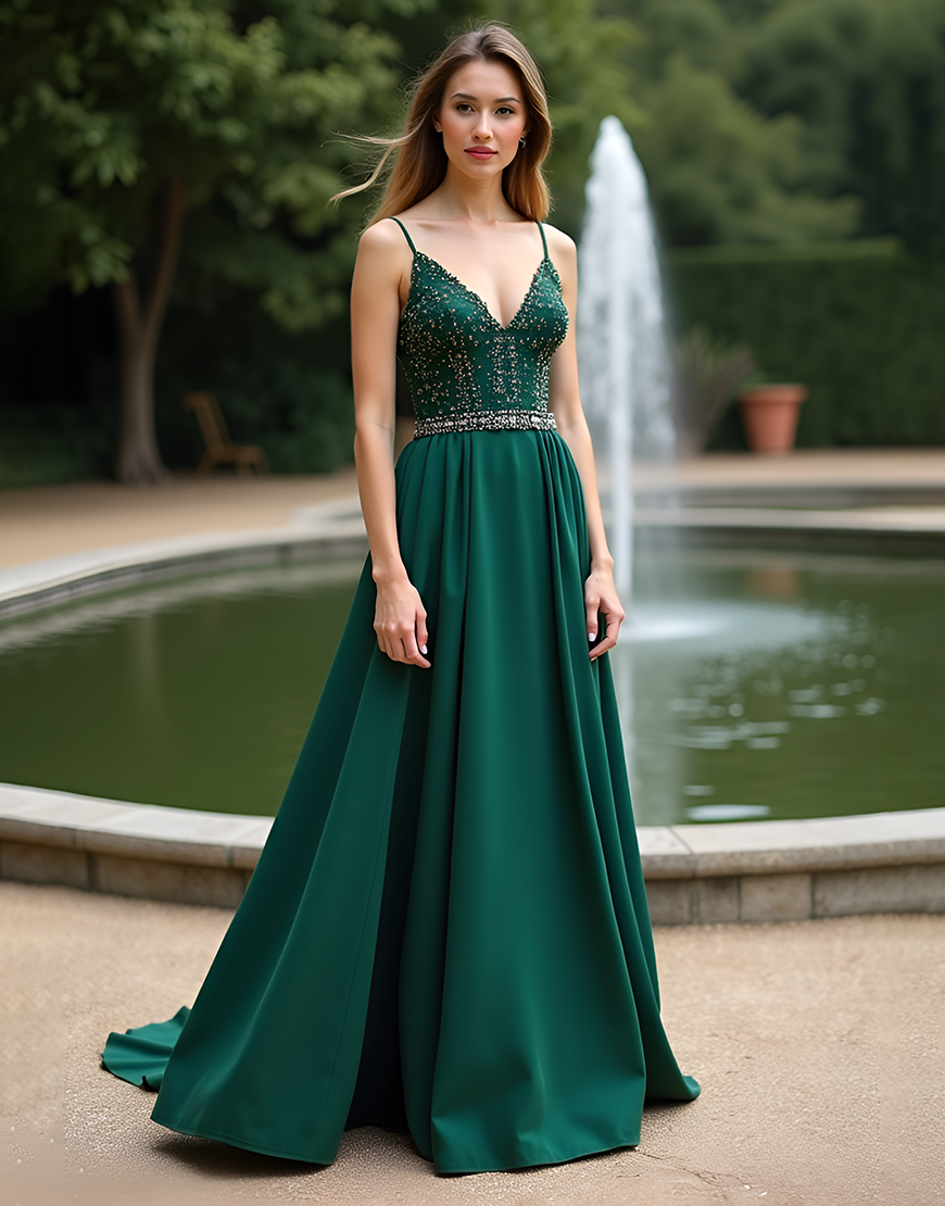 Dark Green A Line V-Neck Long Bridesmaid Dress with Beading