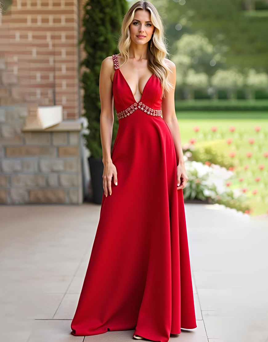 Red A Line V-Neck Long Chiffon Bridesmaid Dress with Beading