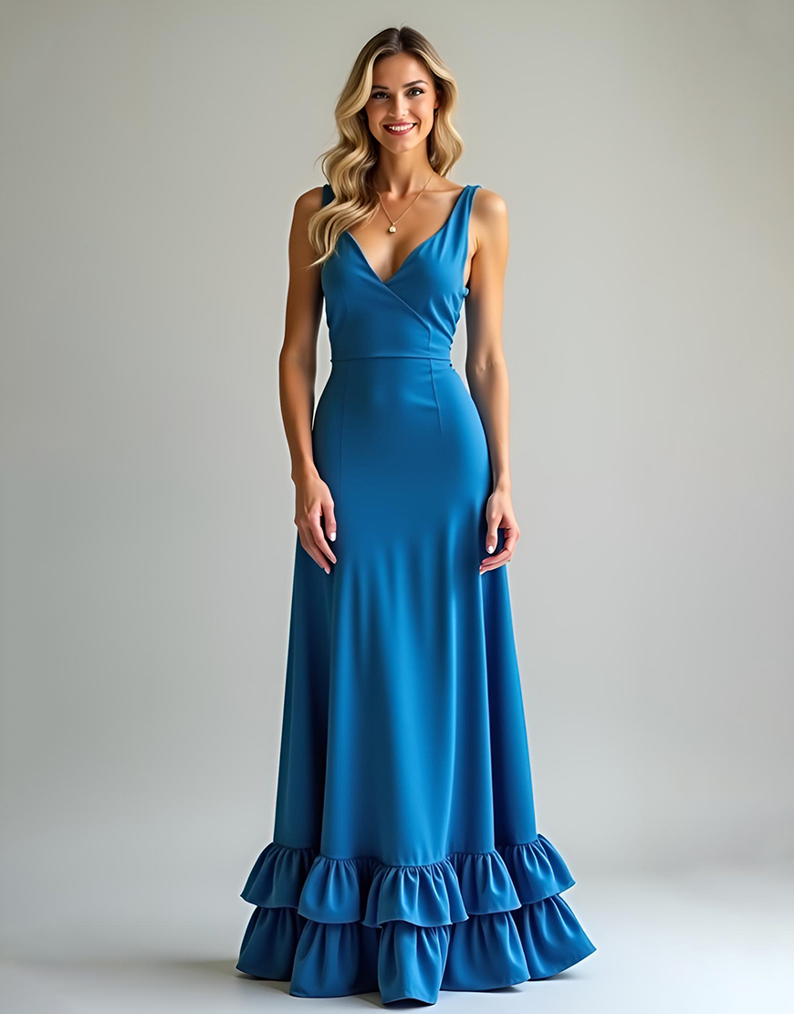 Blue Satin A Line Bridesmaid Dress with Ruffles