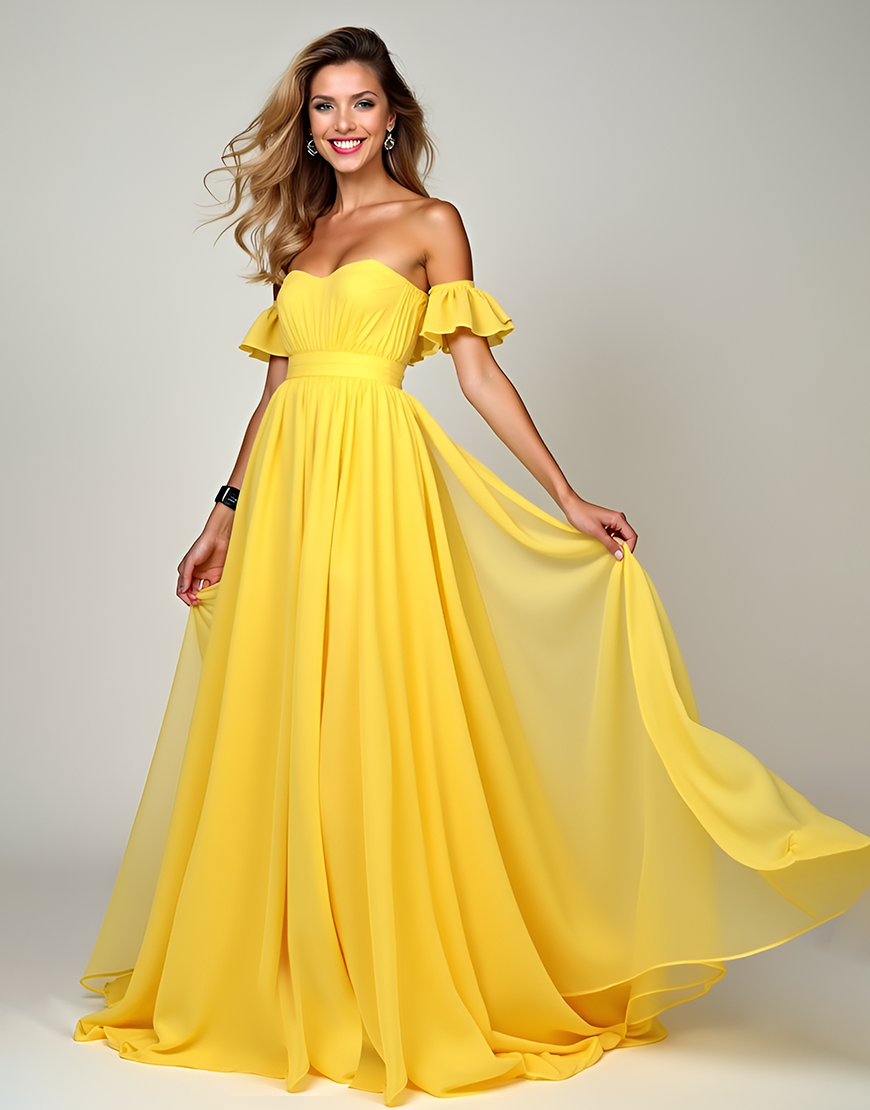 Yellow A Line Off the Shoulder Chiffon Bridesmaid Dress with Ruffles