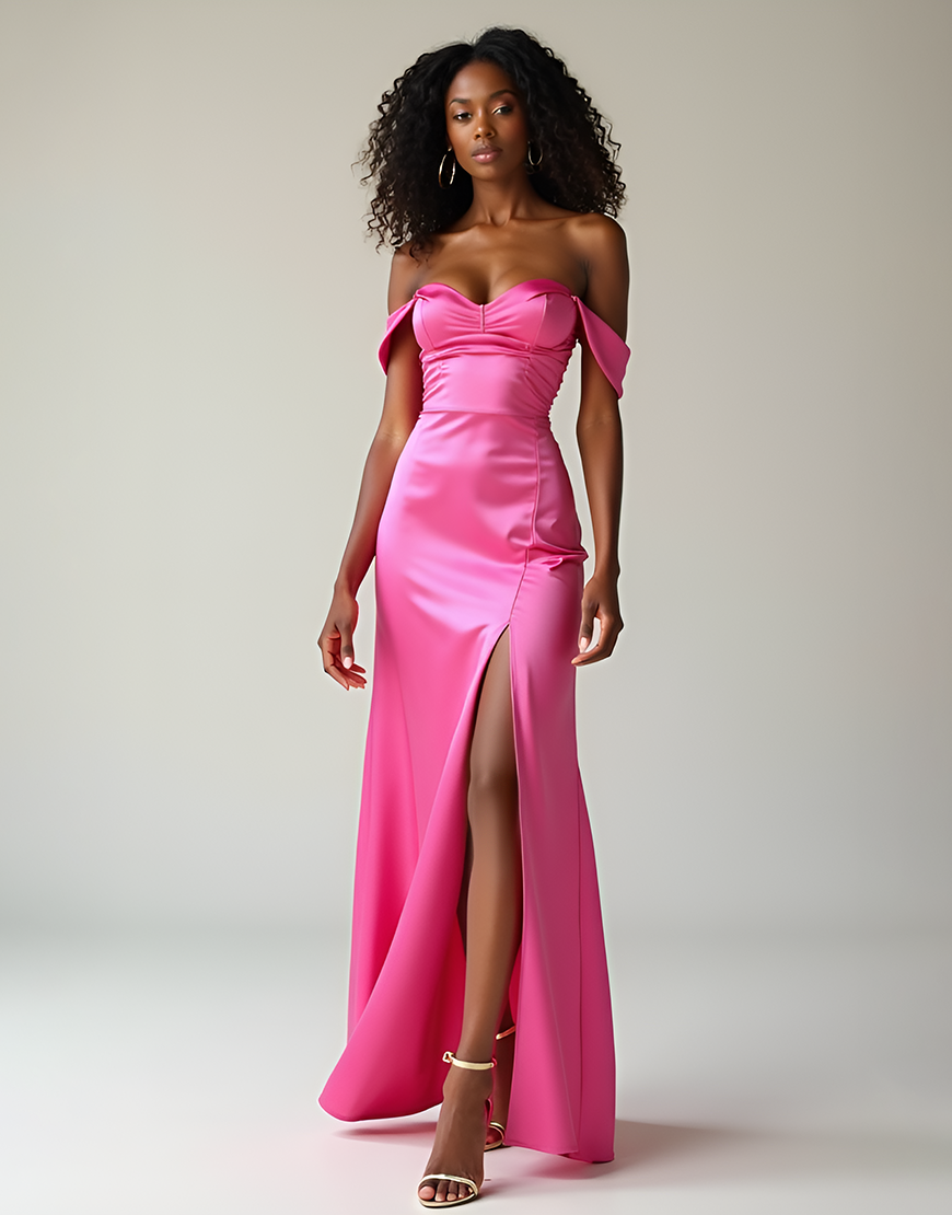 Fuchsia Sheath Off The Shoulder Long Satin Prom Dress With Slit