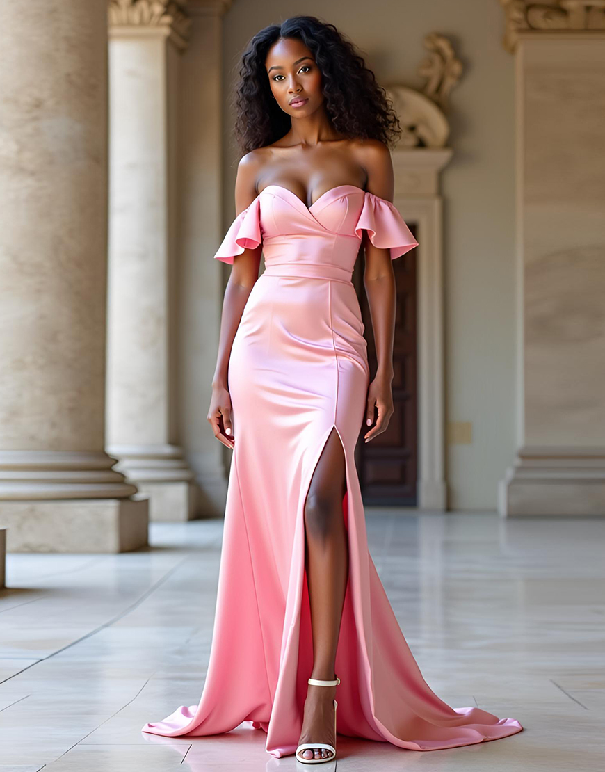 Pink Sheath Off The Shoulder Long Satin Prom Dress With Slit