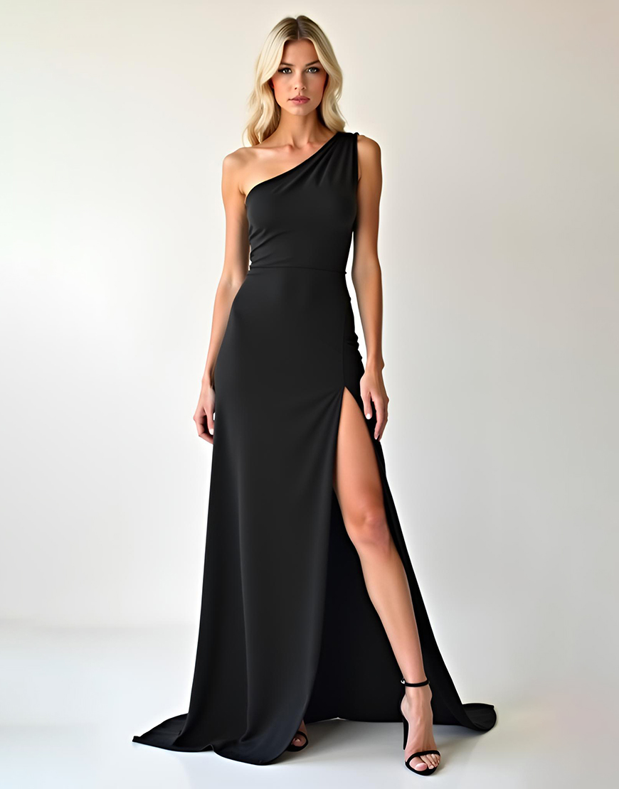 Black Sheath One Shoulder Long Chiffon Prom Dress With Slit