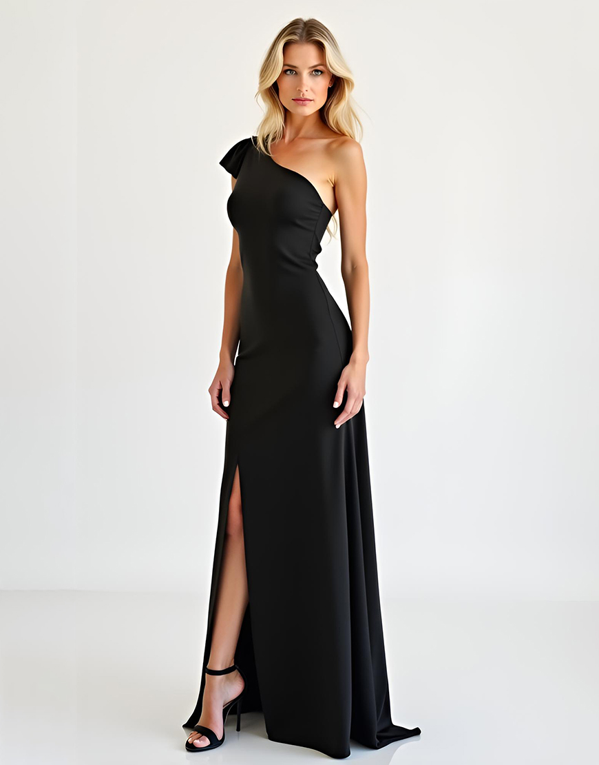 Sheath Black One Shoulder Chiffon Long Prom Dress With Slit