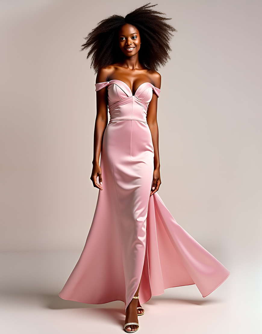 Pink Sheath Off The Shoulder Slit Long Satin Prom Dress