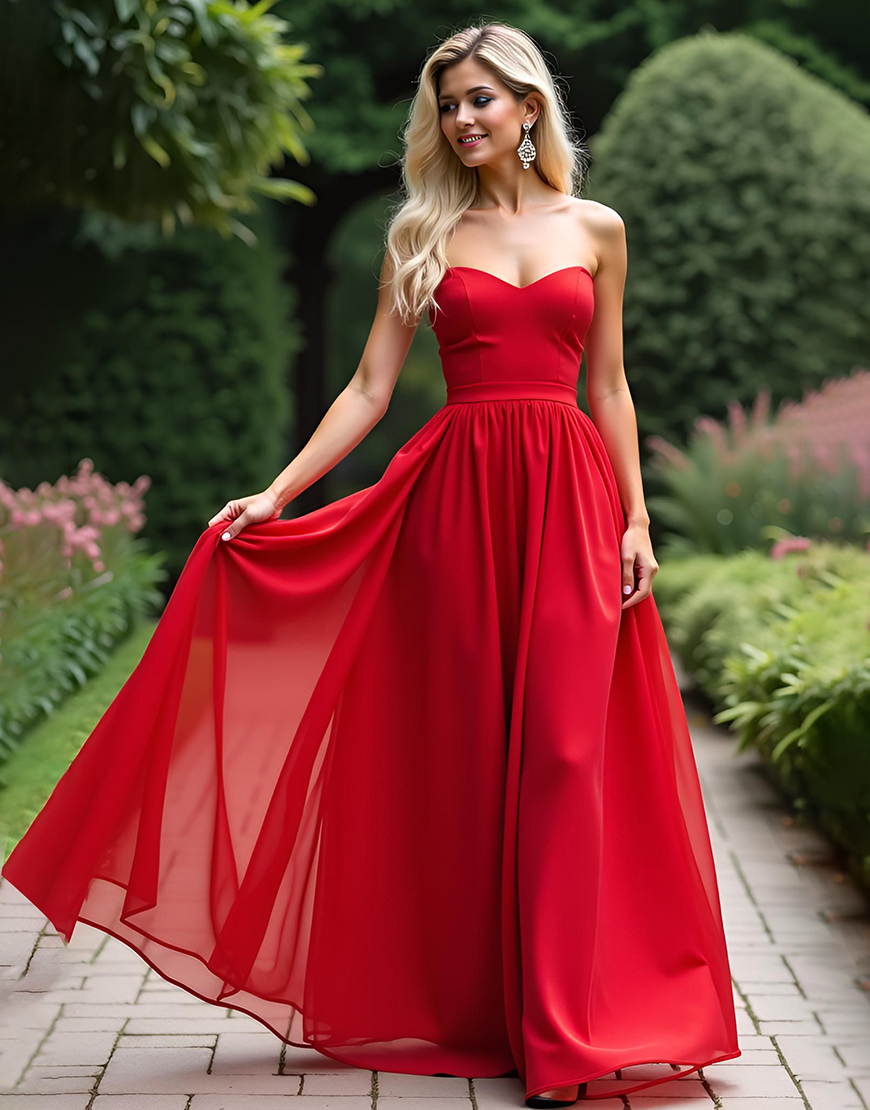 Strapless Red A Line Tulle Pleating Long Prom Dress