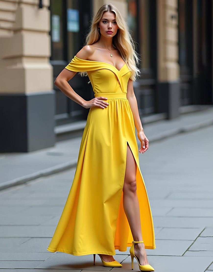 Yellow A Line Off the Shoulder Ruched Long Prom Dress with Slit