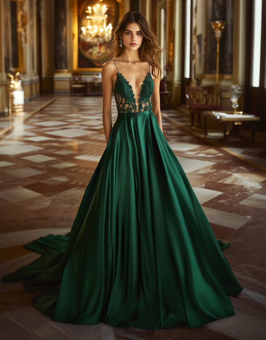 A Line Dark Green Spaghetti Straps Ruched Long Prom Dress with Lace Appliques