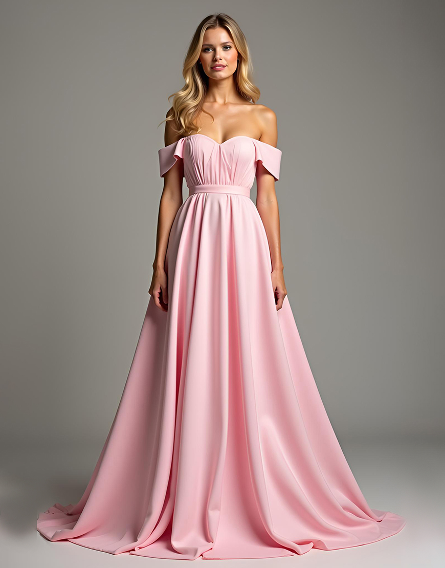 A Line Pink Off the Shoulder Ruched Long Bridesmaid Dress