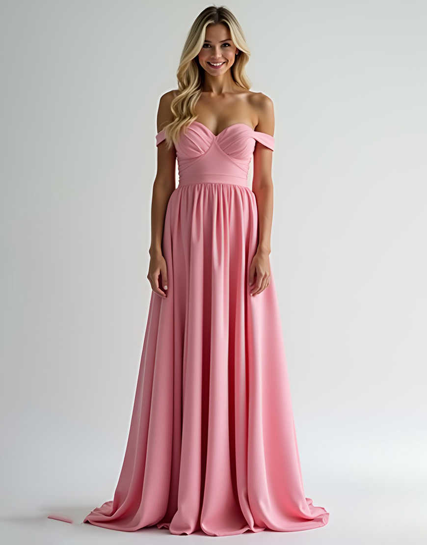 Pink A-Line Off the Shoulder Ruched Pleating Long Prom Dress