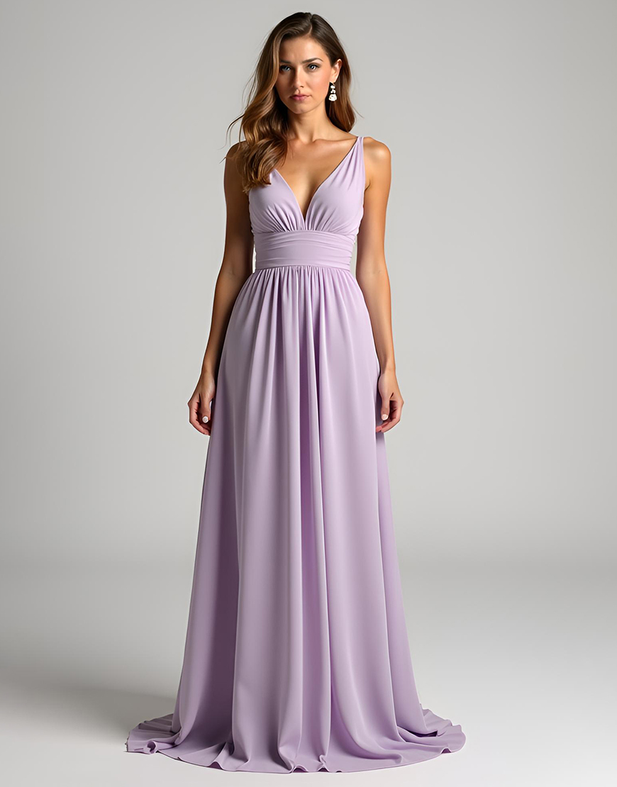 Lilac A Line V Neck Pleating Long Formal Dress