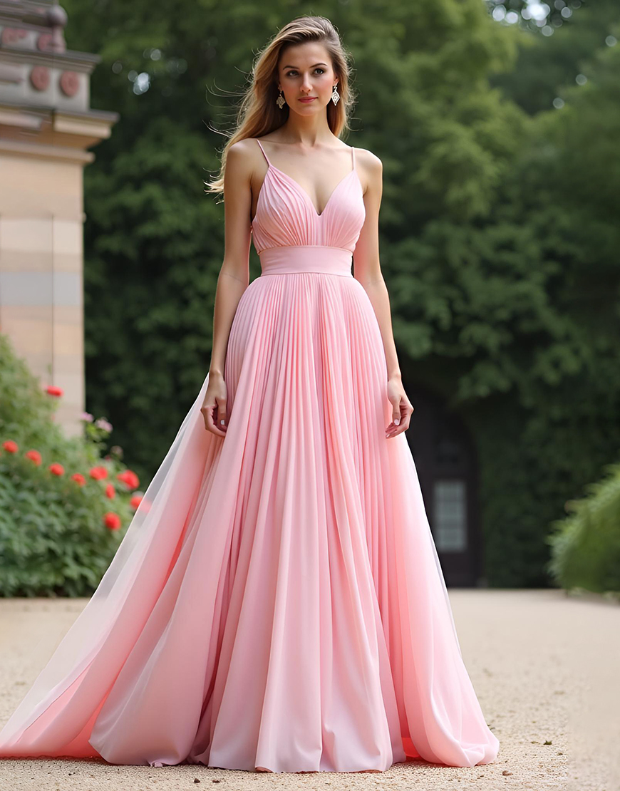 A Line Ruched Pink Spaghetti Straps Long Bridesmaid Dress