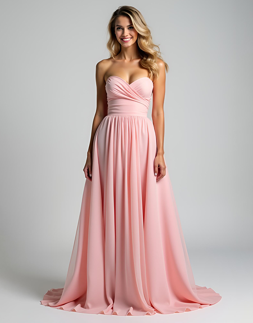 A Line Pink Sweetheart Ruched Long Chiffon Bridesmaid Dress