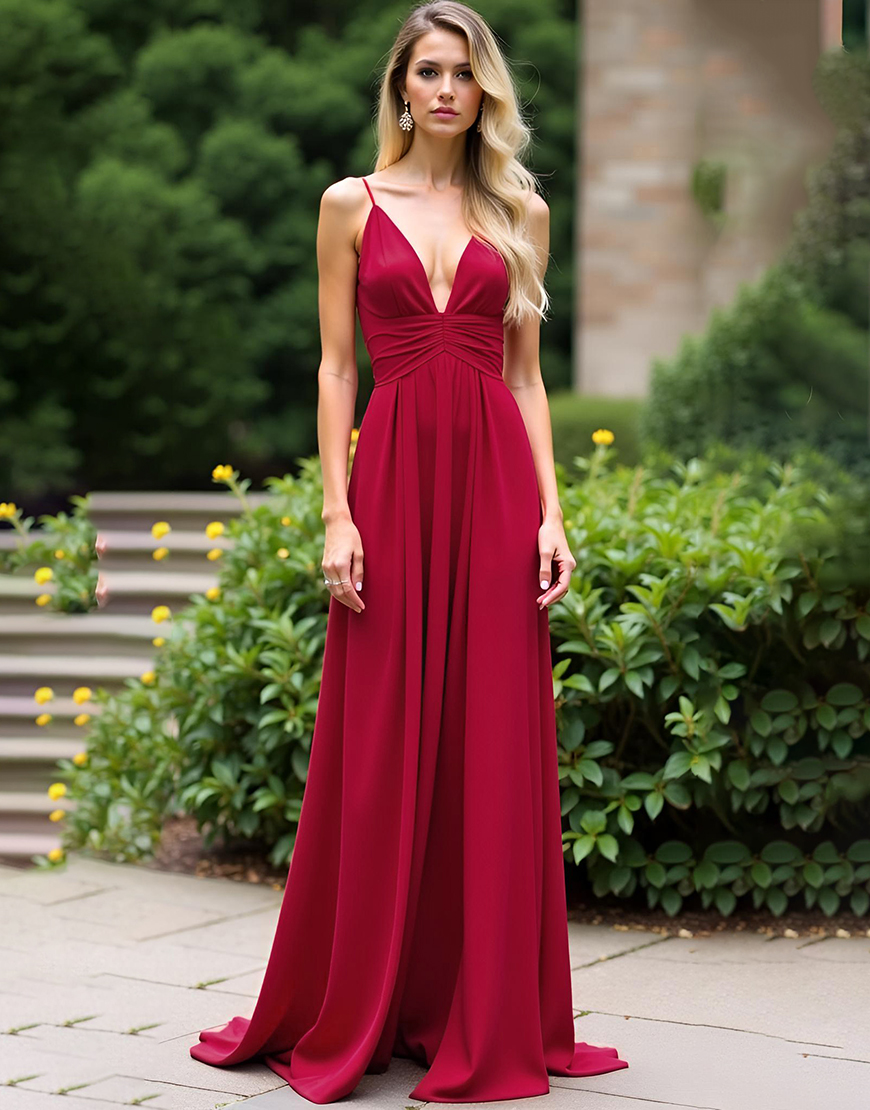 A Line Spaghetti Straps Burgundy Ruched Long Bridesmaid Dress