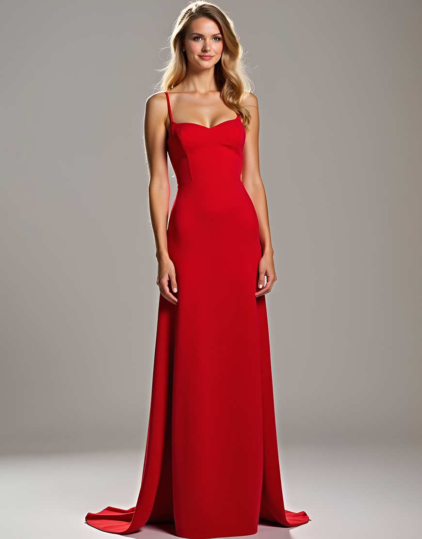Sheath Red Spaghetti Straps Long Satin Bridesmaid Dress