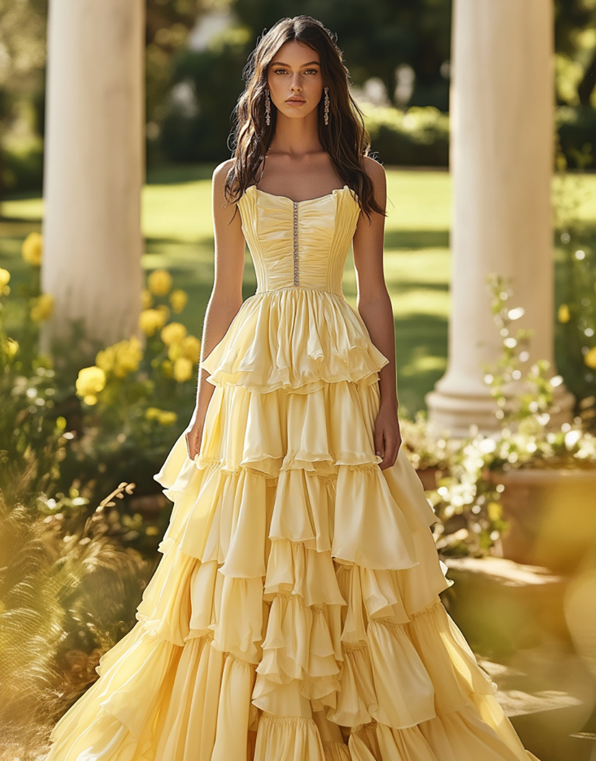 Light Yellow A-Line Strapless Ruffles Pleating Ball Gown with Beading