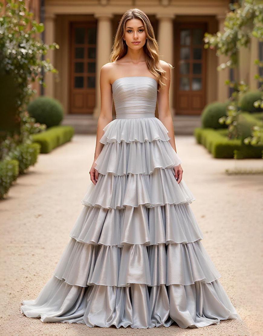 Silver A Line Strapless Ball Gown Ruffles Ruched Long Prom Dress