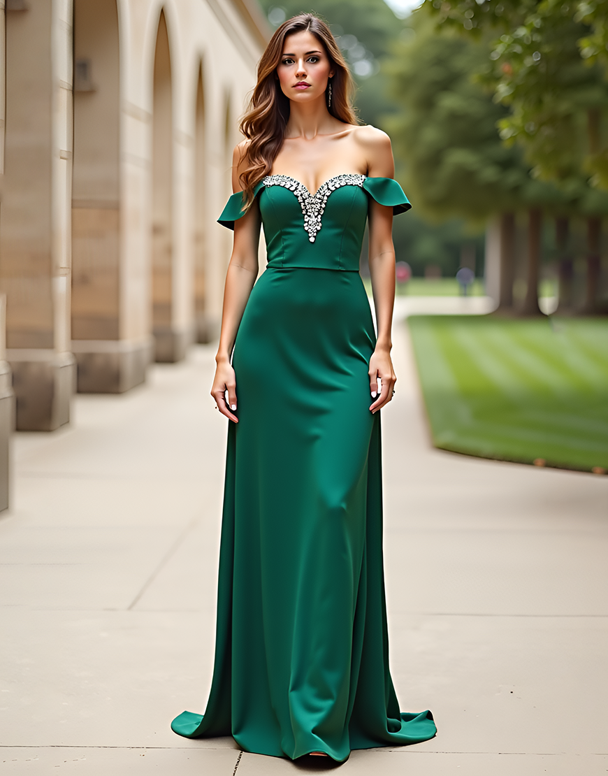 Glitter Dark Green Sheath Off the Shoulder Satin Long Prom Dress with Rhinestones