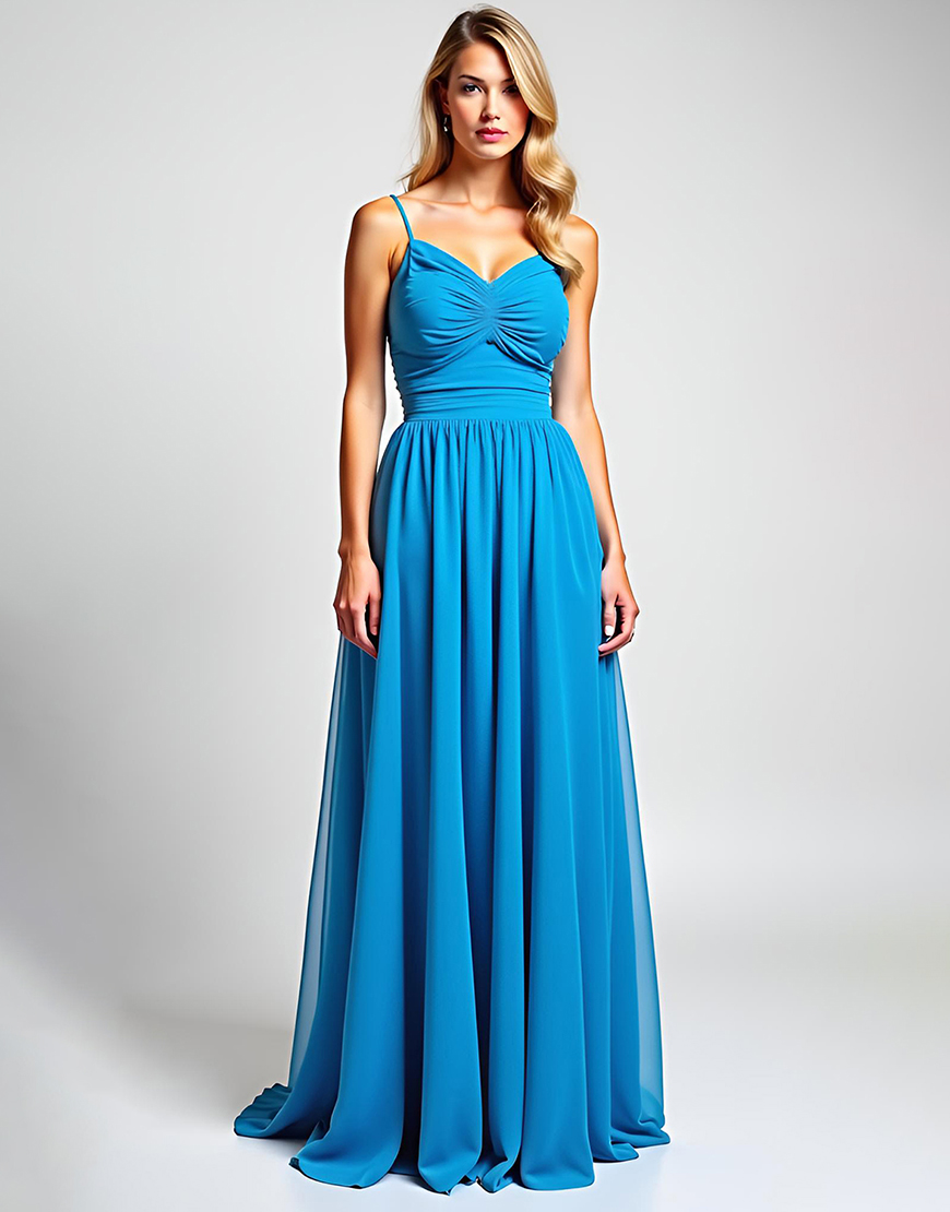 Blue A-Line Spaghetti Straps Ruched Pleating Long Formal Dress