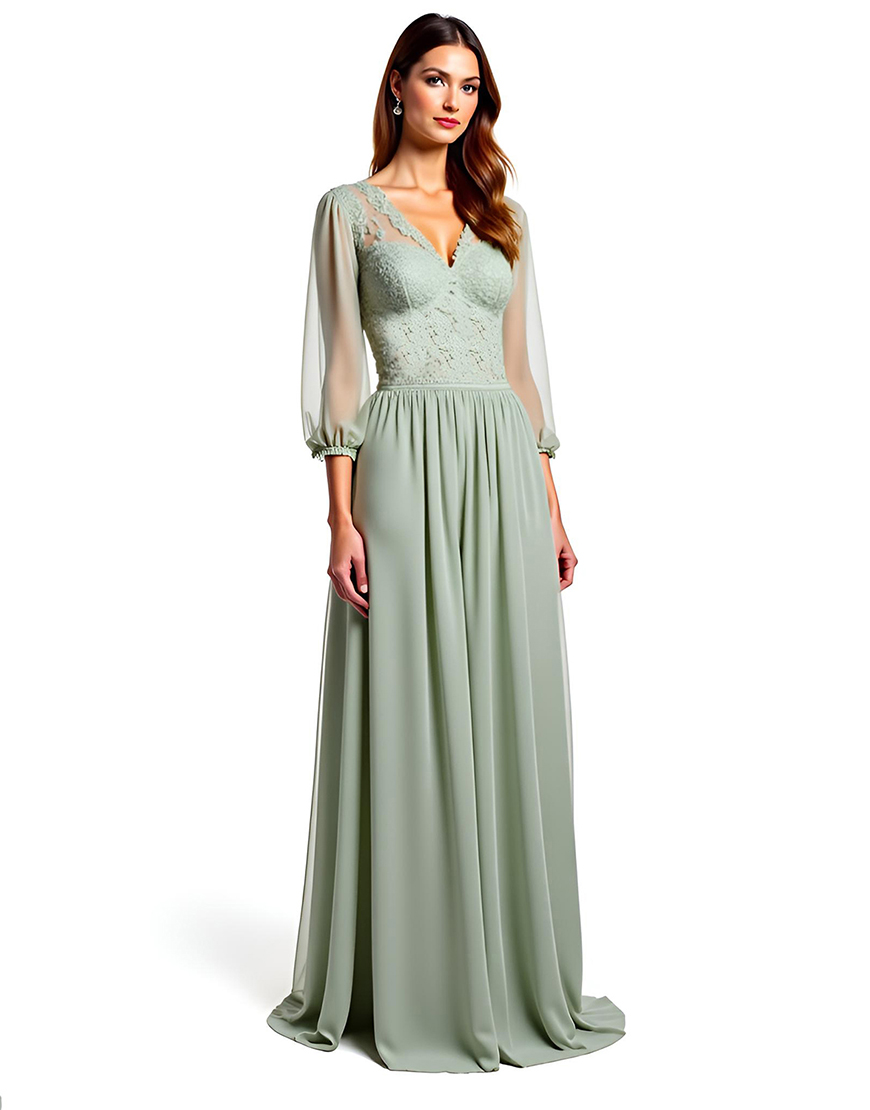 Dusty Sage A Line Half Sleeves Long Formal Dress with Lace