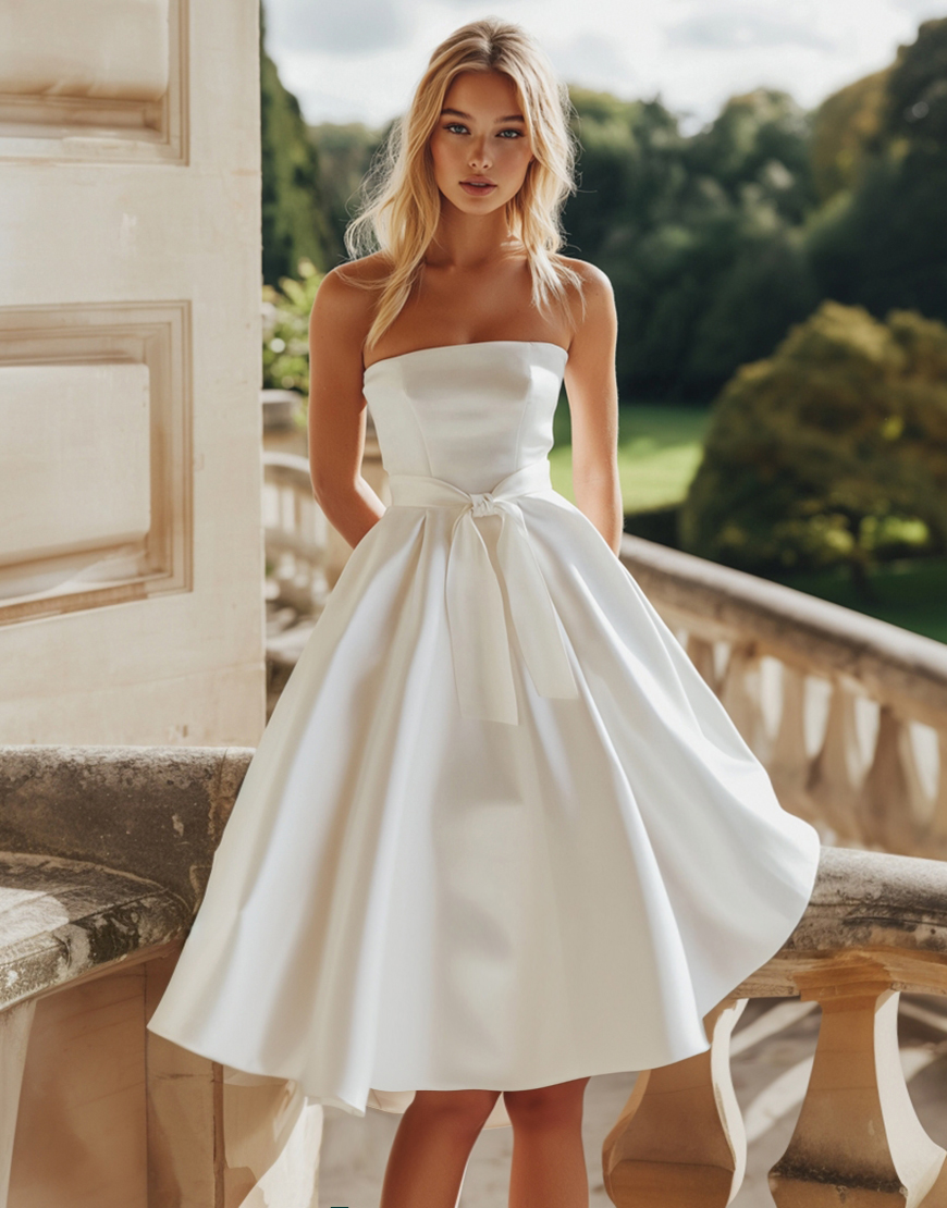 Strapless A Line Little White Graduation Dress with Bowknot