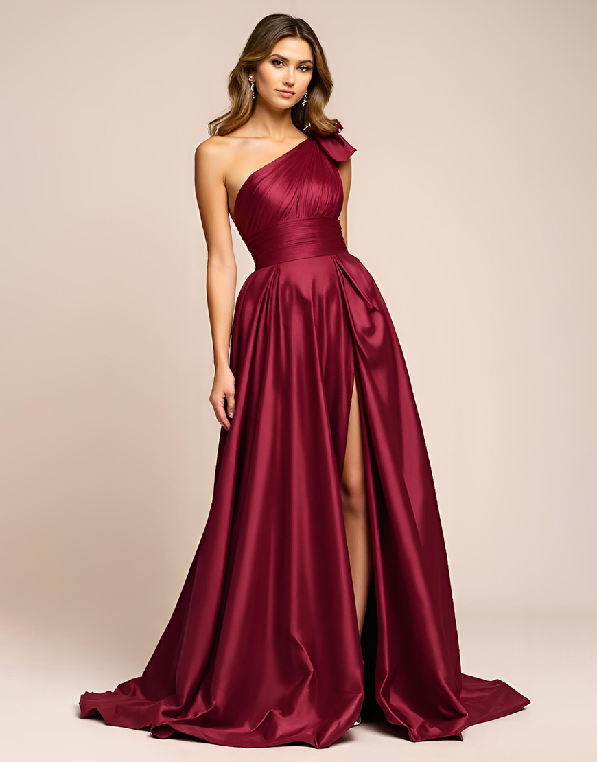 Burgundy A Line One Shoulder Bow Satin Long Prom Dress with Slit