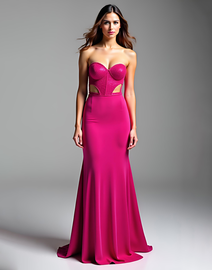 Fuchsia Cut Out Strapless Backless Long Prom Dress