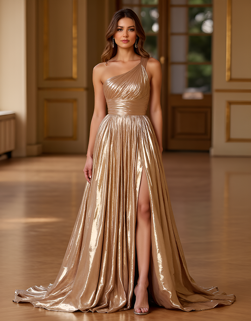Metallic Gold A Line One Shoulder Pleating Long Prom Dress with Slit
