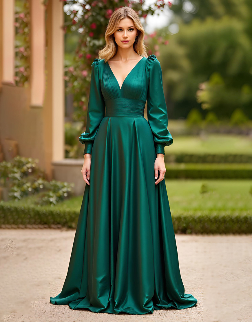 Dark Green A-Line V-Neck Satin Long Prom Dress with Long Sleeves