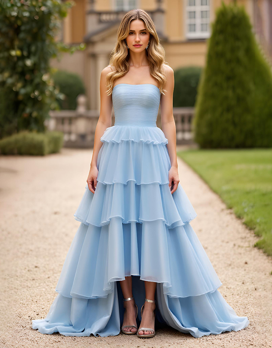 Sky Blue A-Line Strapless Ruffles Ruched Long Prom Dress