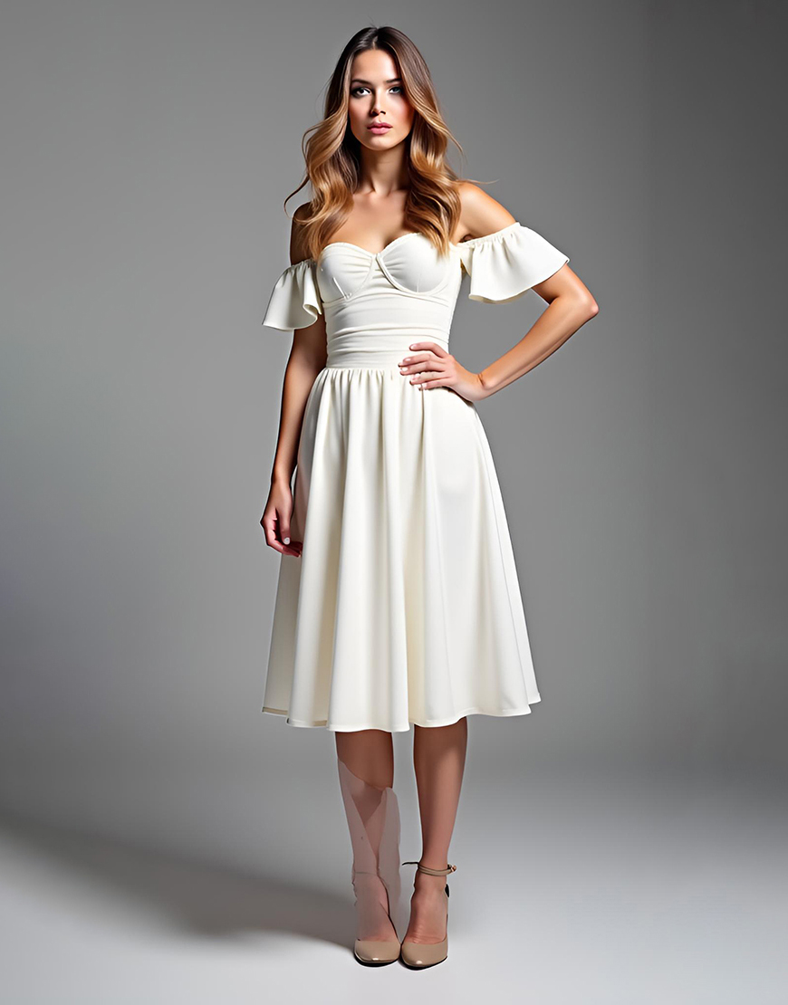 A-Line Ruffle Off the Shoulder Knee Length Little White Graduation Dress