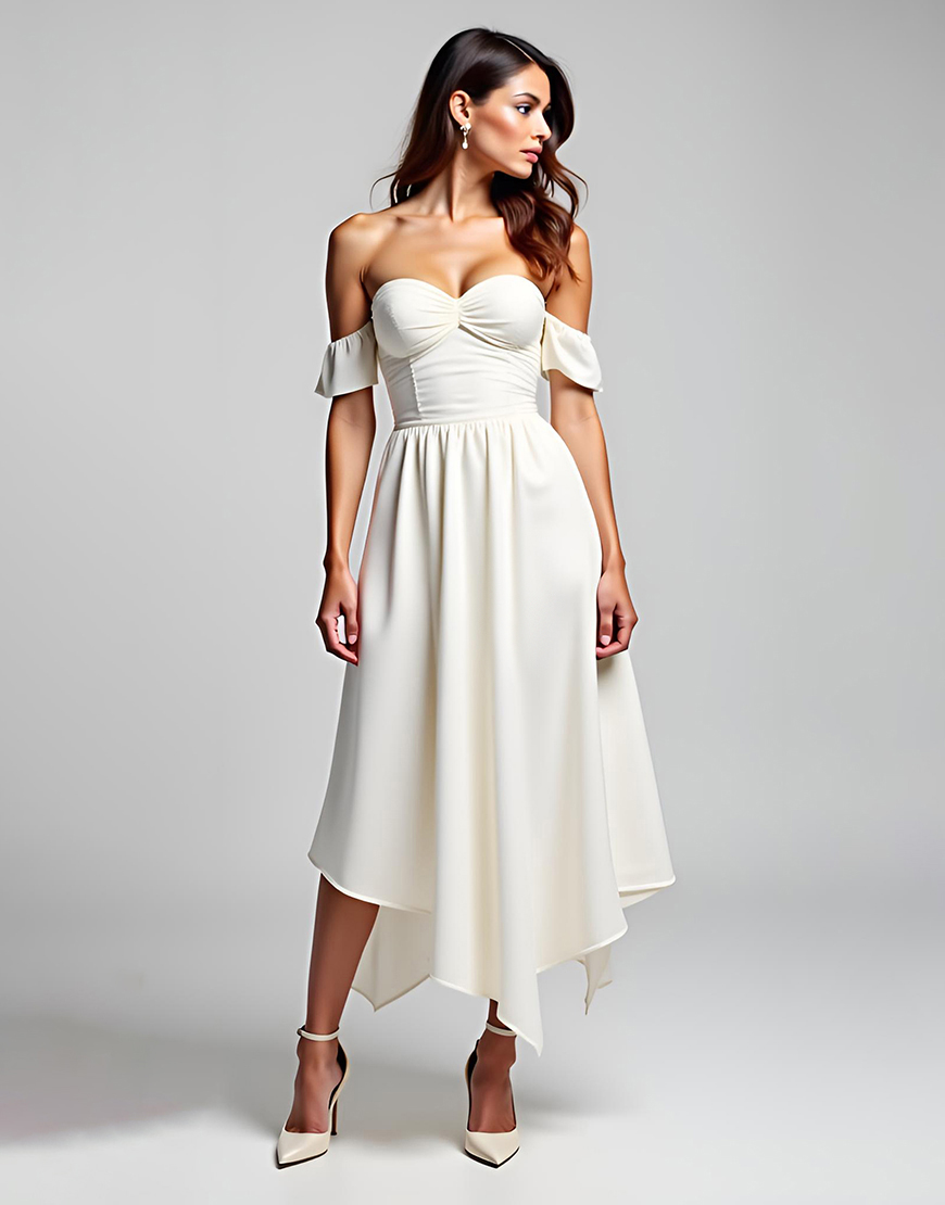 White Off the Shoulder A-Line Tea Length Graduation Dress