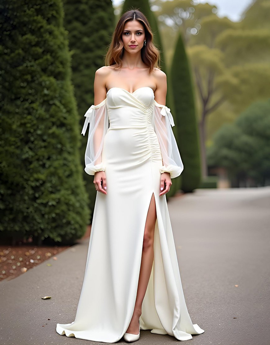 Ivory Sheath Off the Shoulder Sleeves Long Graduation Dress with Slit