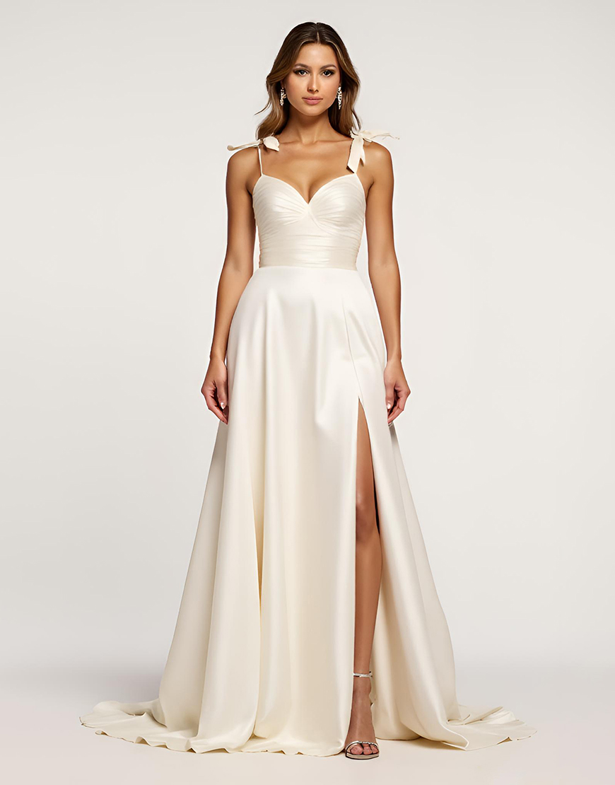Spaghetti Straps Ivory A Line Ruched Long Graduation Dress with Slit