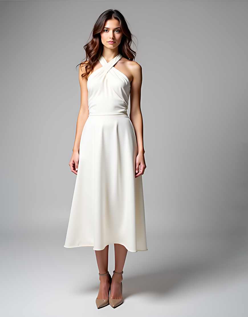 A Line Crossed Halter Tea-Length Little White Graduation Dress