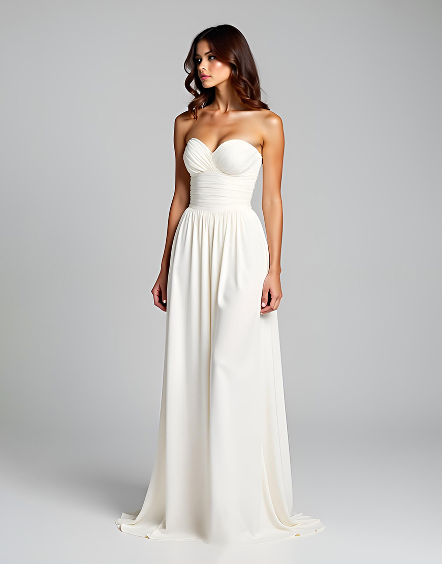 White A-Line Strapless Ruched Long Graduation Dress
