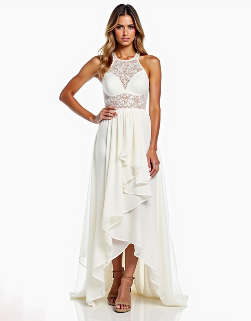 White A-Line Halter Laced Ruffle Chiffon Long Graduation Dress