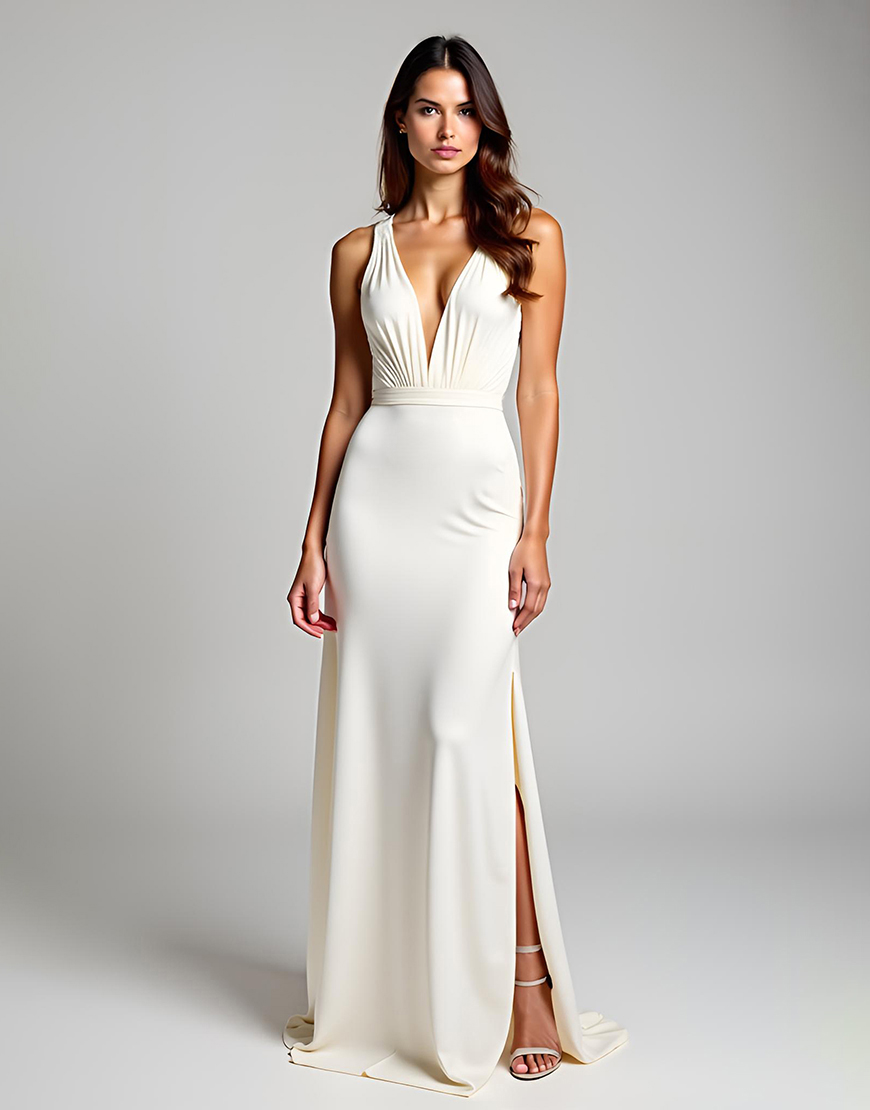 Ivory Sheath V-Neck Satin Long Graduation Dress with Slit