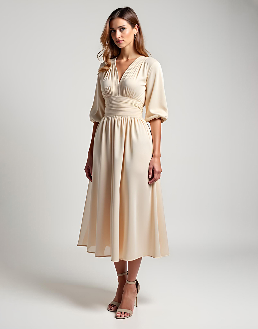 Champagne A Line V Neck Puff Sleeves Chiffon Mother of the Bride Dress