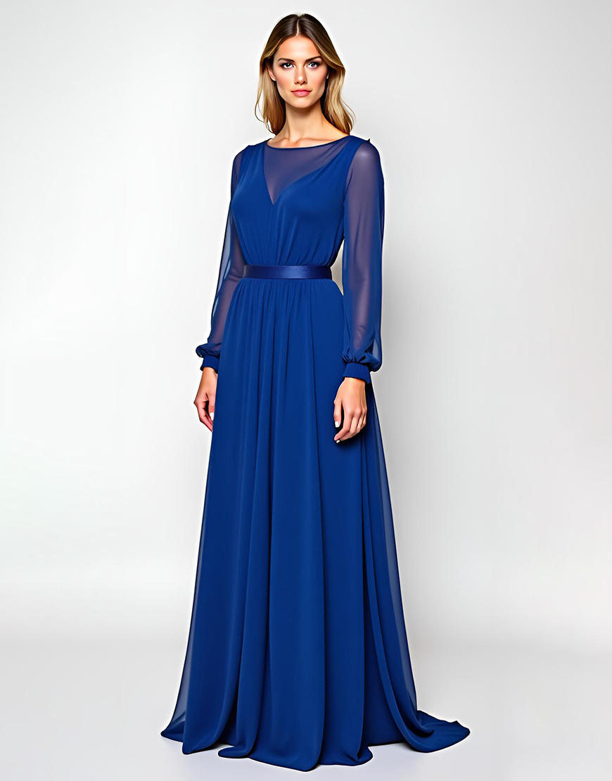 Royal Blue Scoop Long Sleeves Ruched Chiffon Mother of the Bride Dress
